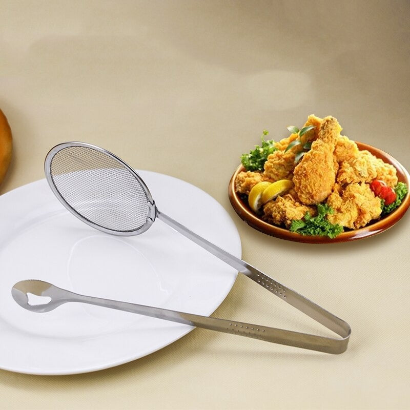 Stainless Steel Frying Strainer: Multi-Functional, 2-in-1, Strainer plus Tongs