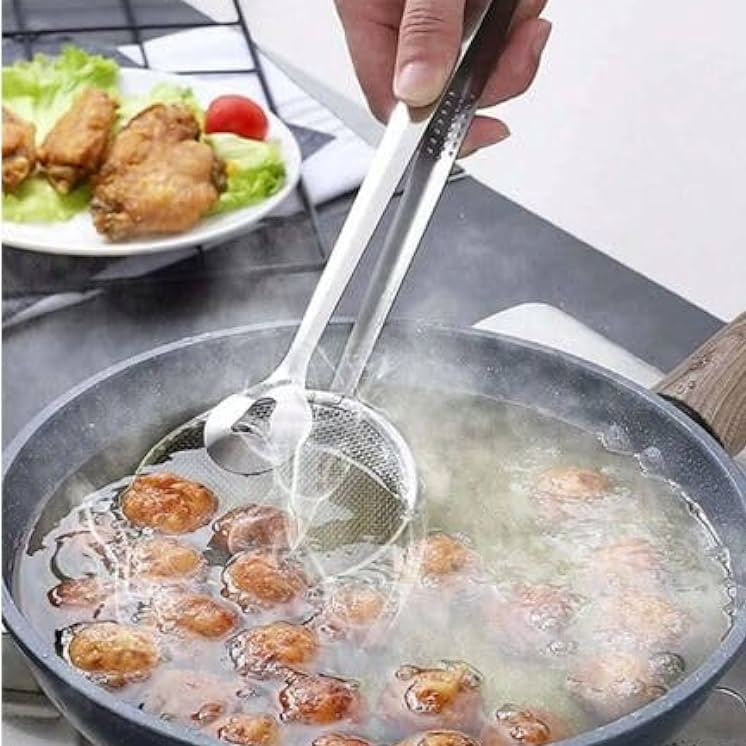 Stainless Steel Frying Strainer: Multi-Functional, 2-in-1, Strainer plus Tongs